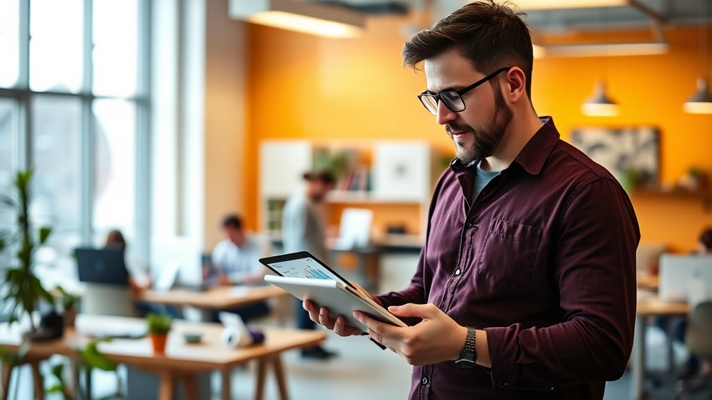 Founder reviewing growth metrics on a tablet while standing in a bustling, open-plan startup workspace with team members working in background, focused and purposeful atmosphere