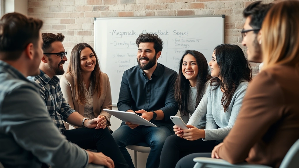 Diverse group of entrepreneurs in a casual meeting space discussing strategy, whiteboard in soft focus behind them, authentic interaction and shared energy