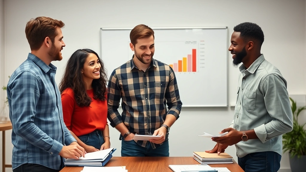 Diverse founding team of three people in casual meeting, reviewing metrics on whiteboard in background, collaborative energy, standing around desk with notebooks