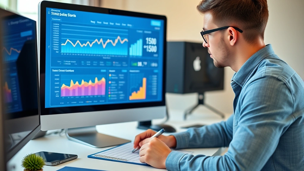 Young entrepreneur reviewing business metrics on desktop monitor, startup dashboard visible, professional but relaxed environment, taking notes on paper