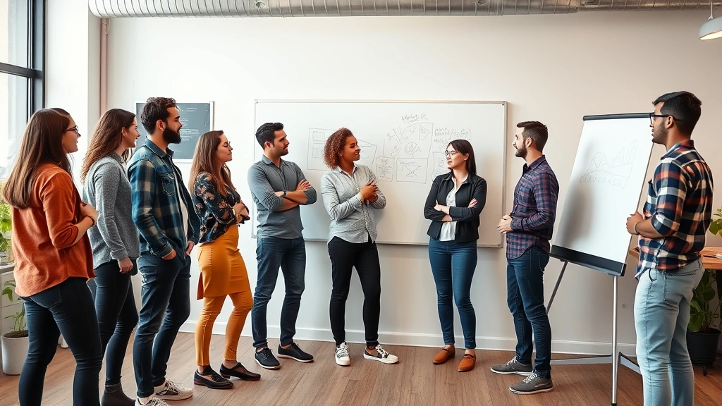 Diverse startup team in casual meeting room having discussion, standing around whiteboard, engaged and collaborative energy, modern office space