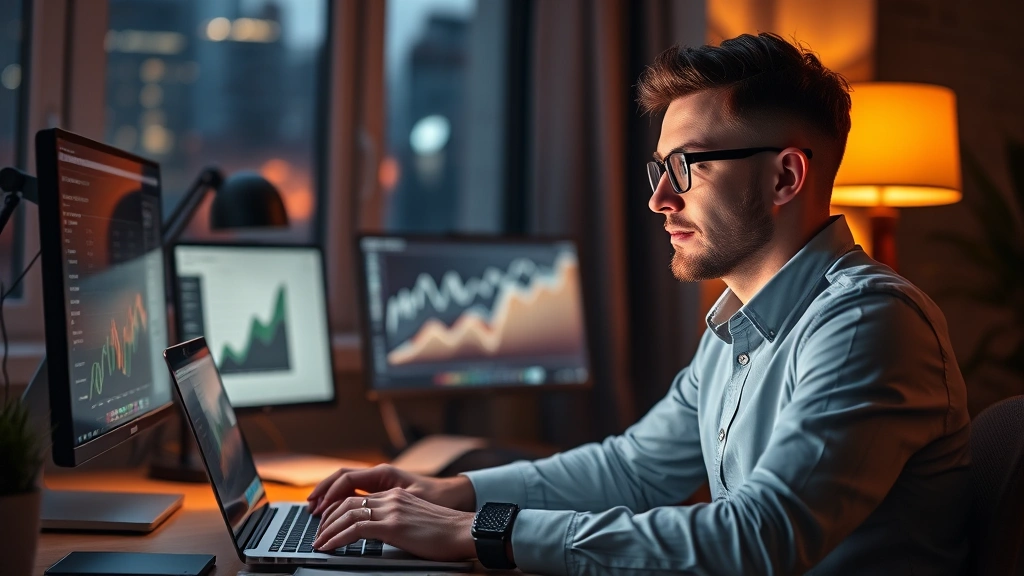 Entrepreneur working late evening with laptop, warm desk lamp, looking at growth charts on monitor, thoughtful expression, realistic startup environment