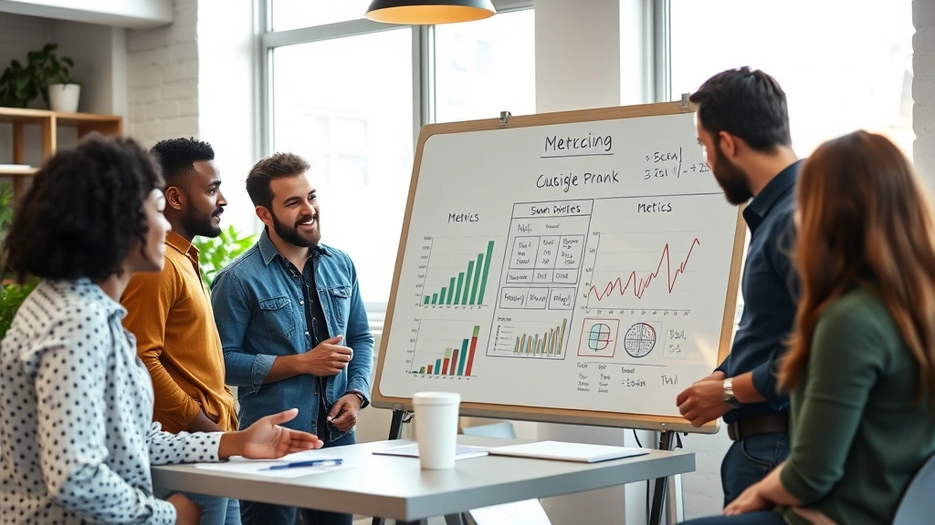 Group of diverse entrepreneurs in casual startup office reviewing metrics on whiteboard, collaborative discussion about business strategy, natural window lighting