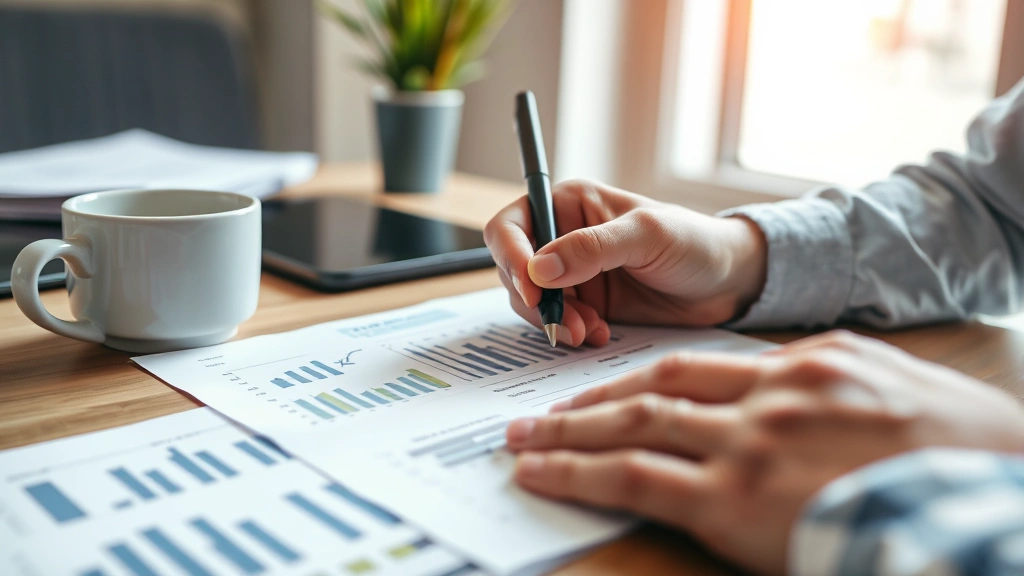 Close-up of hands writing financial projections on paper, pen marking calculations, coffee cup nearby, early morning startup workspace, natural light from window