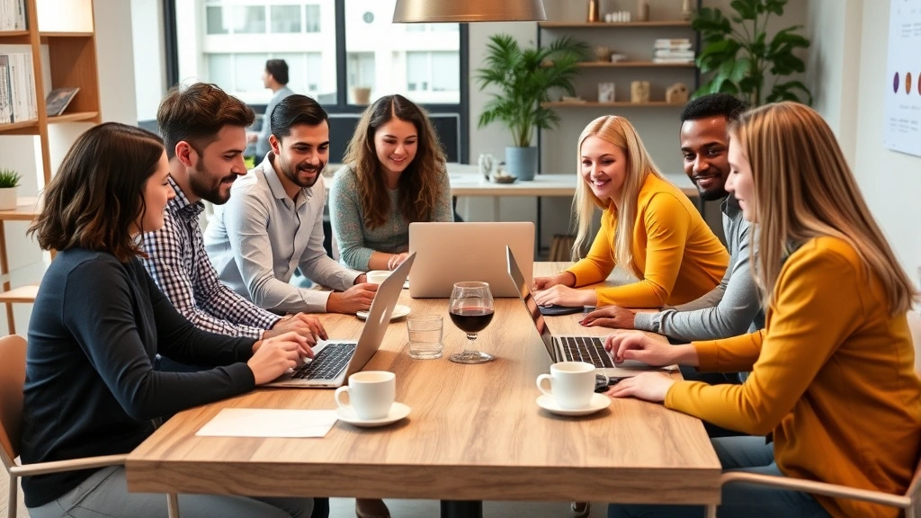 Diverse startup team collaborating around table with laptops and coffee cups, energetic and engaged, modern workspace