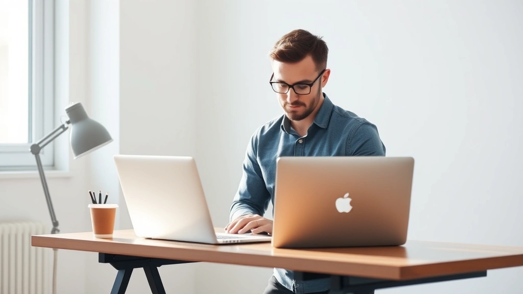 Solo entrepreneur at standing desk working intently on laptop with coffee cup nearby, morning light, determined but calm demeanor