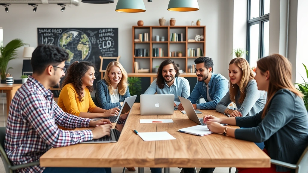 Young diverse team in a casual startup office having an animated discussion around a table with laptops and notepads, collaborative energy, real problem-solving moment