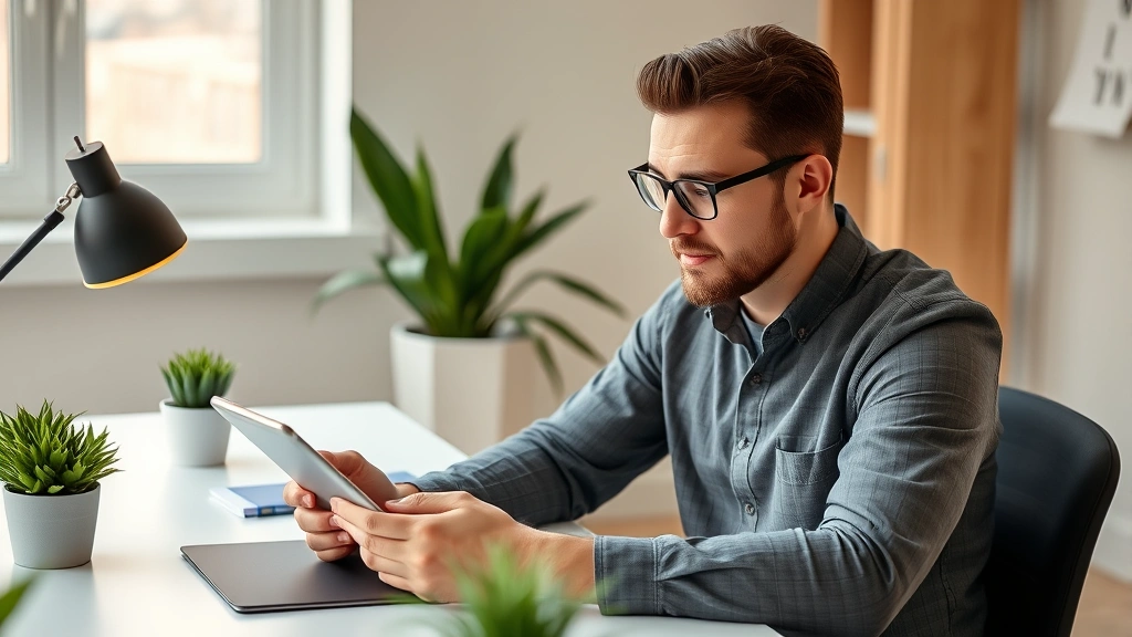 Founder reviewing business metrics on a tablet while sitting at a minimalist desk with plants, thoughtful expression, data-driven decision making