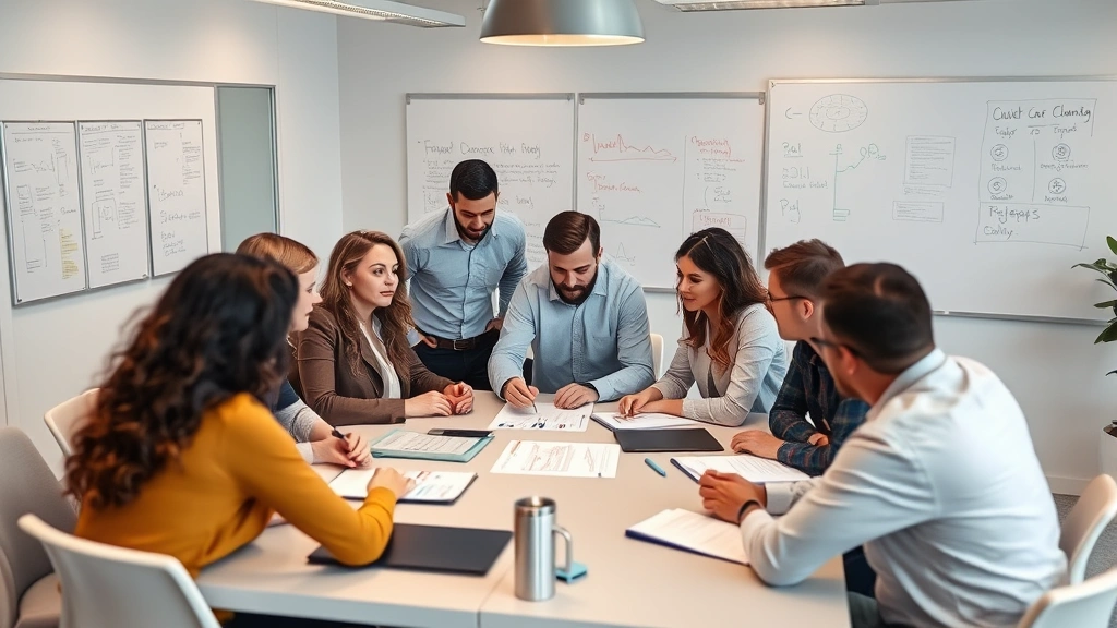 Team meeting around table with diverse professionals discussing strategy, whiteboards and notes visible in background, collaborative energy, real office environment