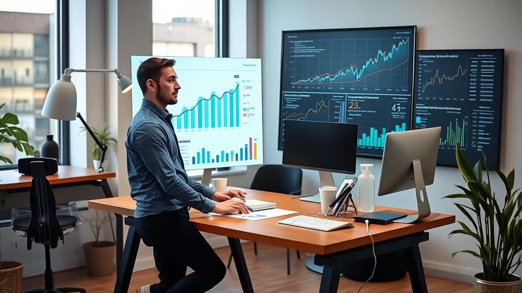 Entrepreneur working at standing desk reviewing growth charts and business metrics, modern startup office, confident but thoughtful demeanor