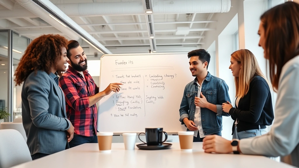 Diverse founding team of three people collaborating around whiteboard in bright, modern startup office space, engaged in animated discussion with coffee cups nearby