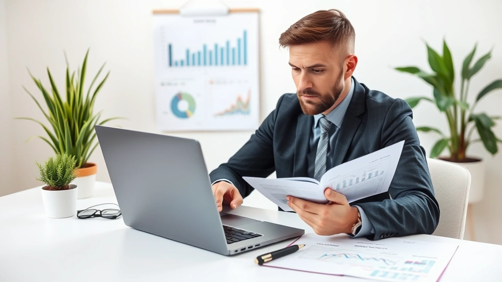 Entrepreneur reviewing financial spreadsheets and cash flow charts on laptop while taking notes, focused expression in minimalist workspace with plants