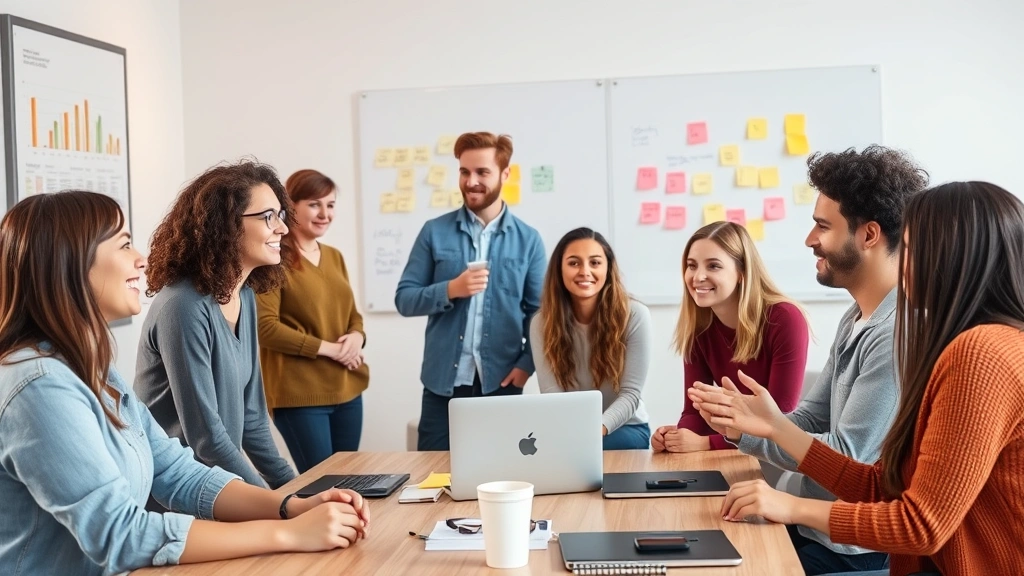 Young diverse team collaborating in a casual meeting space, whiteboards and sticky notes on wall behind them, everyone engaged in discussion, modern workspace