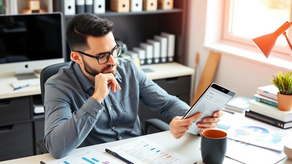 Entrepreneur reviewing metrics on a tablet while sitting at desk surrounded by business materials, analytical expression, professional casual environment