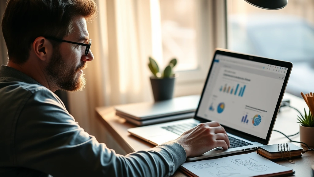 Founder sitting at desk looking at early-stage product prototype on laptop screen, notebook with sketches nearby, morning light, focused expression showing concentration on user feedback