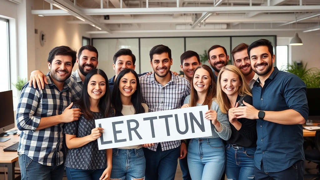 Small group of startup employees celebrating a milestone with genuine smiles, casual office environment, team cohesion visible, authentic celebration moment without forced poses