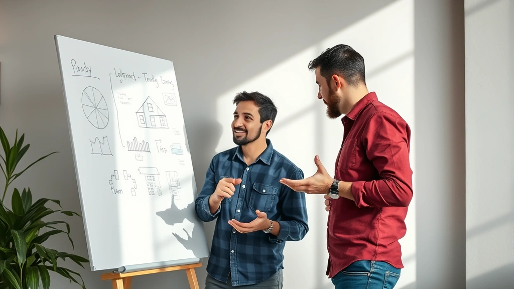 Two co-founders in casual meeting, discussing over whiteboard with sketches visible, collaborative energy, both engaged and gesturing, natural lighting, startup environment, photorealistic