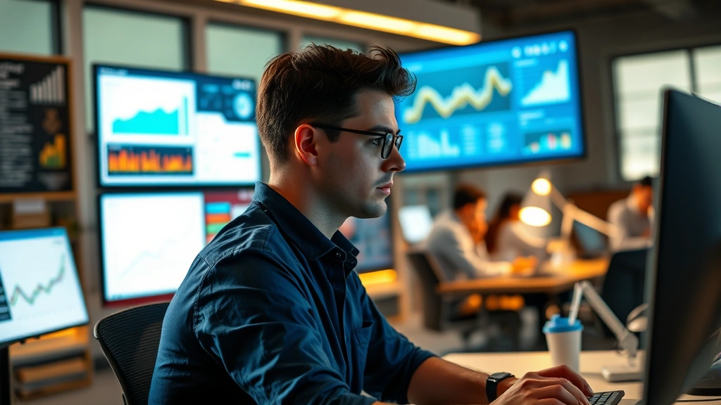 Founder at desk reviewing metrics on multiple screens, data visualization visible, concentrated expression, late afternoon light, small team working in background, entrepreneurial workspace, photorealistic
