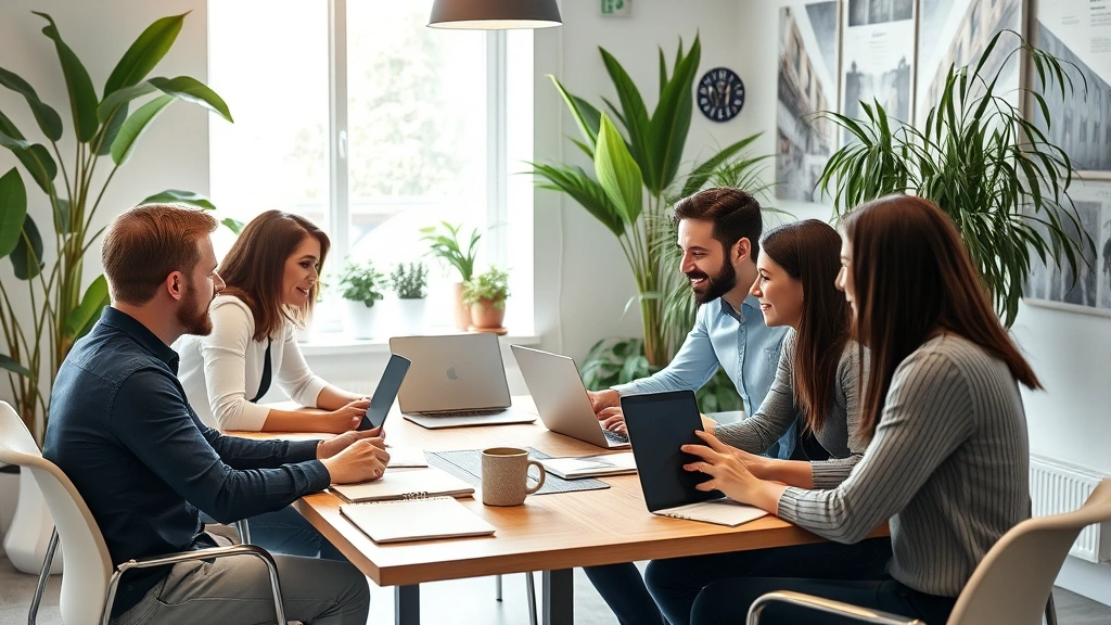 Small team of entrepreneurs collaborating around table with laptops and notepads, energetic discussion, diverse group, bright office environment with plants