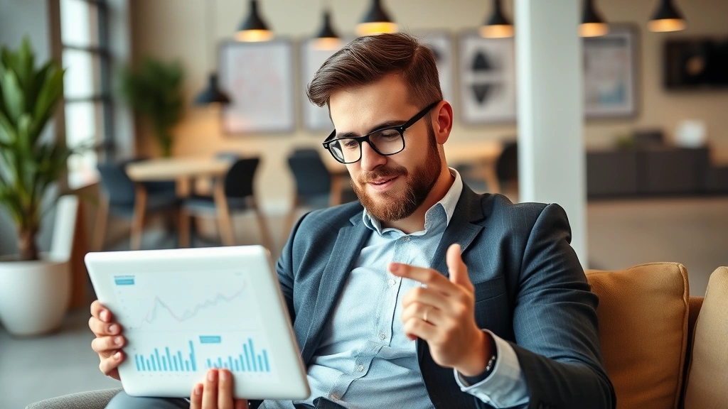 Entrepreneur reviewing financial charts and metrics on tablet, sitting in casual modern office space, analytical focused expression, professional casual attire