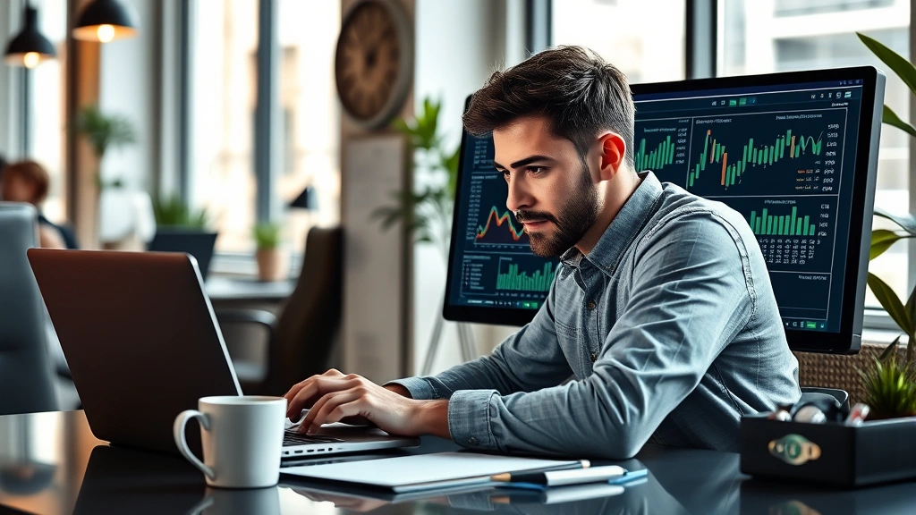 Founder working intensely at laptop with financial spreadsheets and charts visible on monitor, modern startup office with coffee cup nearby, focused expression, natural daylight from windows, realistic business environment