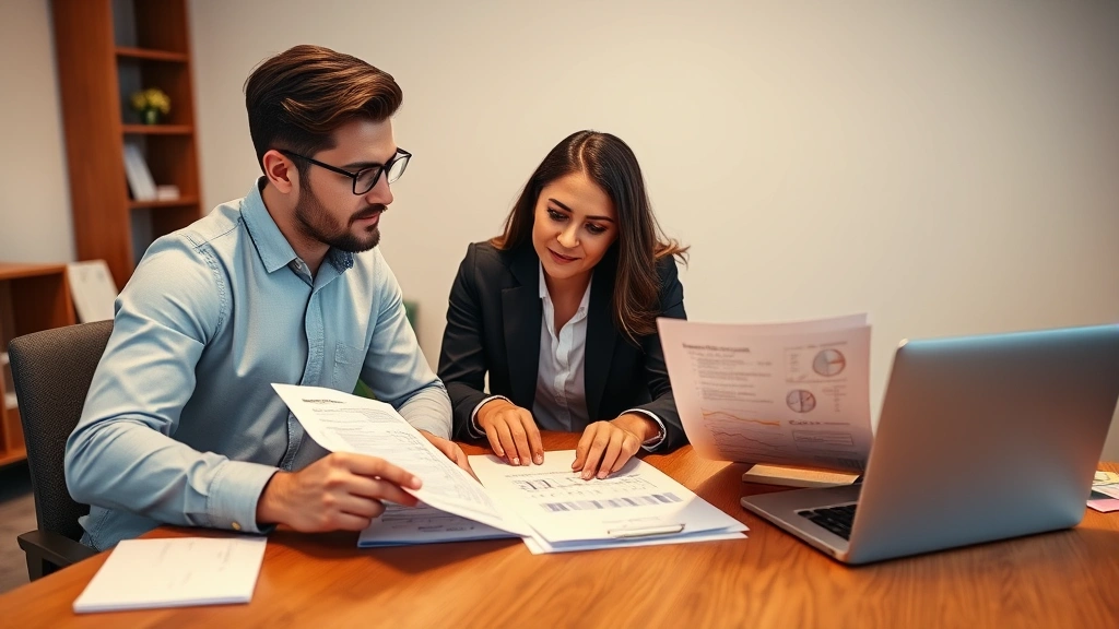 Two entrepreneurs reviewing financial documents together at a wooden desk, pointing at papers with calculations and projections, collaborative discussion, professional casual attire, warm office lighting