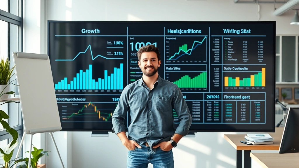 Startup founder standing in front of a whiteboard or large monitor displaying growth metrics and financial performance data, confident posture, modern tech office setting, natural lighting highlighting the workspace