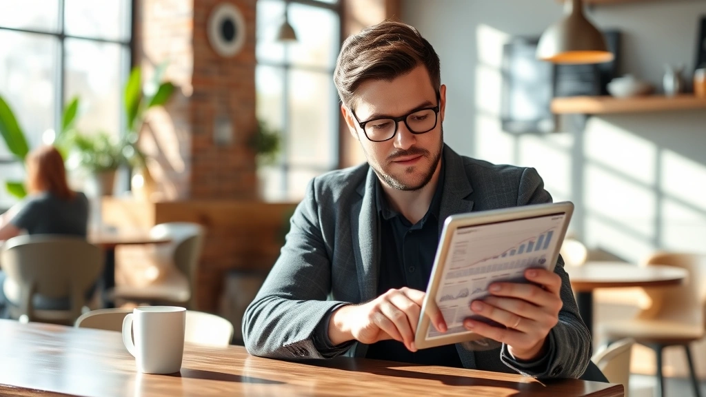 Founder reviewing market research data on tablet in modern coffee shop, natural sunlight, focused expression, professional casual attire