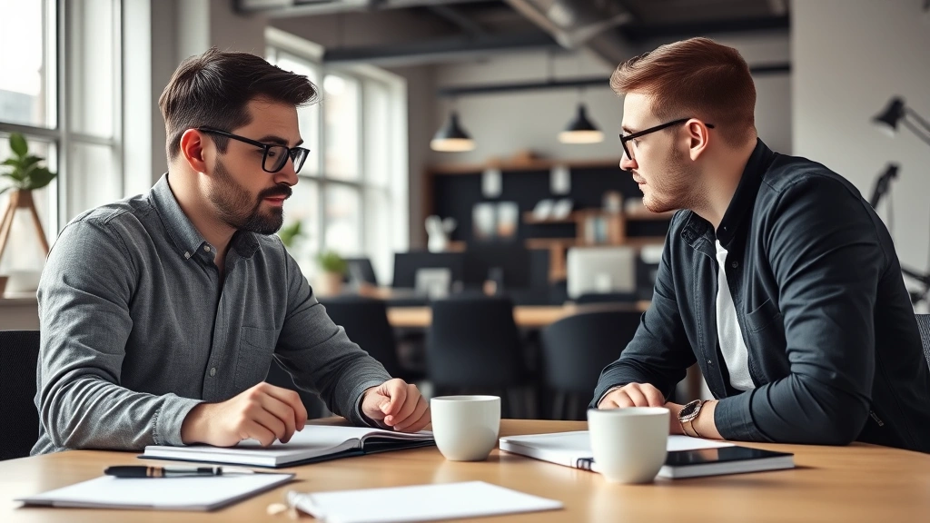 Entrepreneur in a modern startup office having an intense, focused conversation with a team member over a desk with notebooks and coffee cups, natural window lighting, candid moment of real collaboration