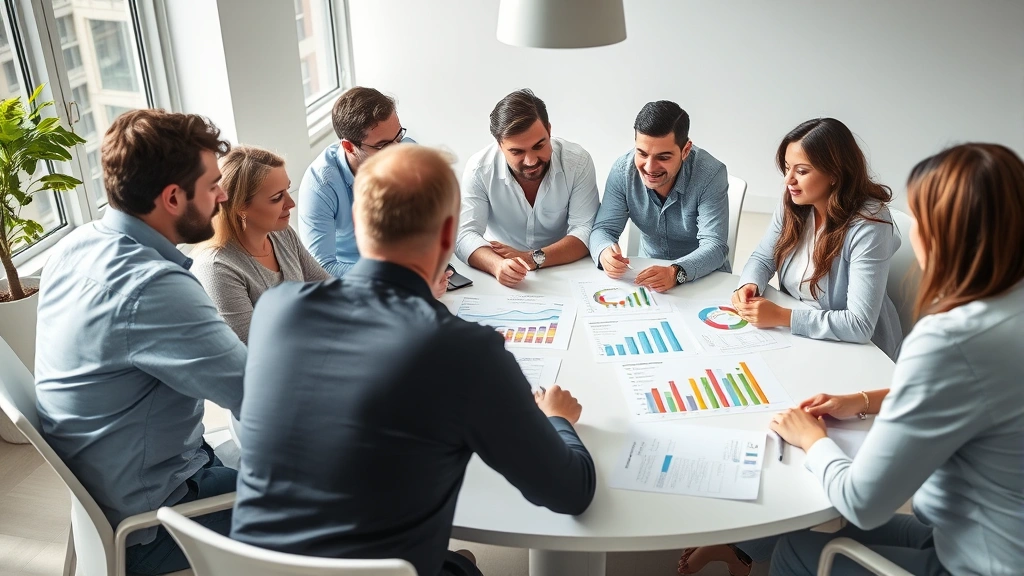 Team collaborating around a large table analyzing customer data and retention charts, diverse group engaged in discussion, bright office environment