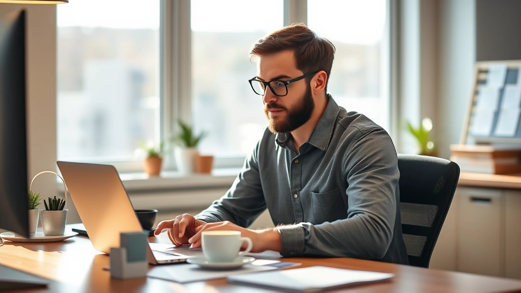 Founder sitting at desk with laptop and coffee, reviewing spreadsheet intently, morning light, focused expression, startup office environment