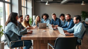 Diverse team of startup founders in casual meeting around wooden table with laptops, natural light, collaborative energy, modern office space