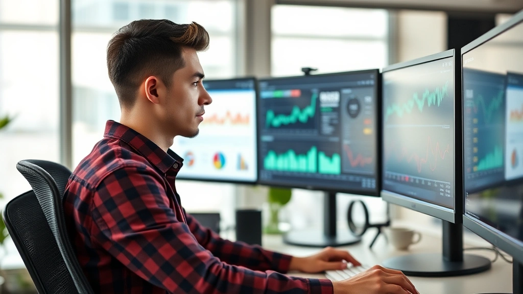 Young entrepreneur reviewing financial dashboards on multiple monitors, focused expression, data visualization on screens, modern workspace