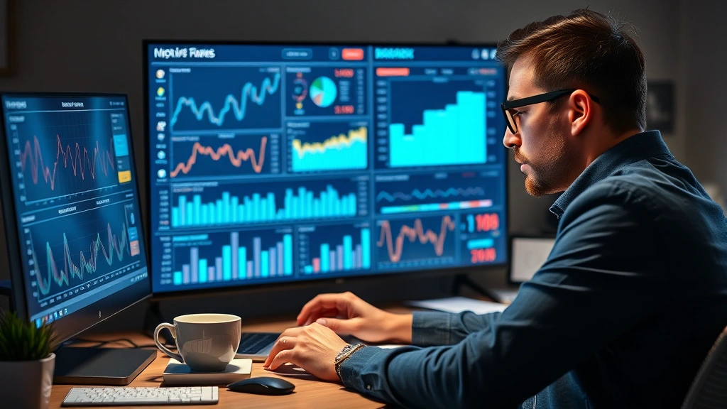Entrepreneur reviewing financial dashboards and metrics on a desk with coffee, focused expression analyzing startup numbers