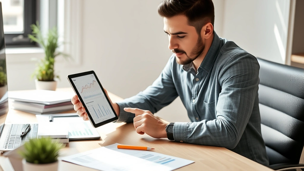 Business owner reviewing metrics and revenue data on tablet with calendar and planning materials on desk, natural light, professional casual setting