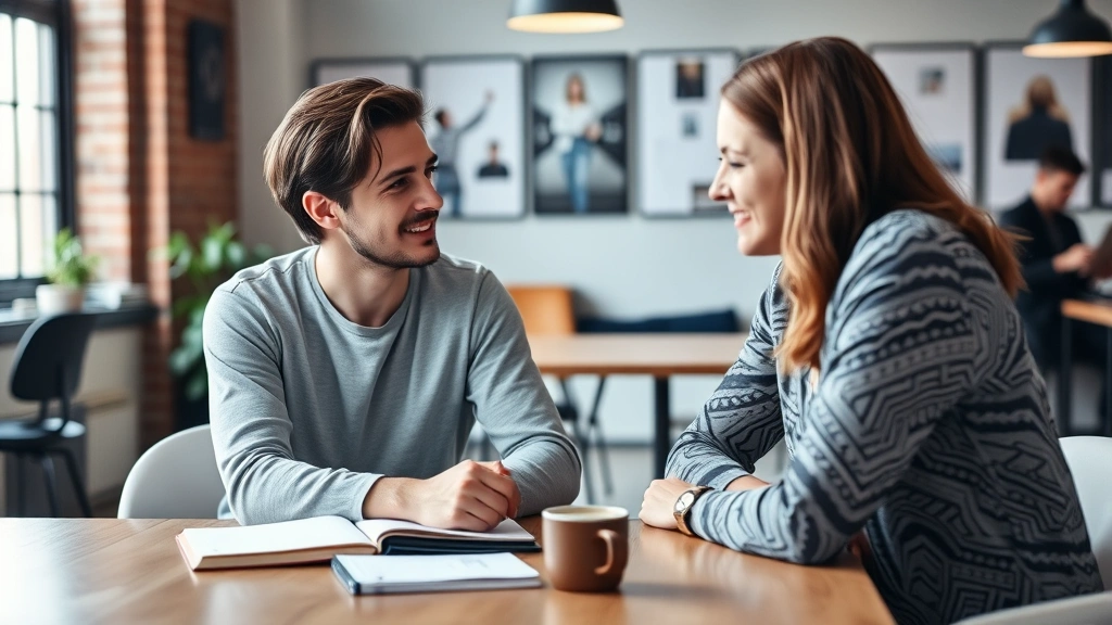 Young founder in a co-working space speaking with a client or mentor, collaborative atmosphere, notebooks and coffee on table, authentic conversation moment