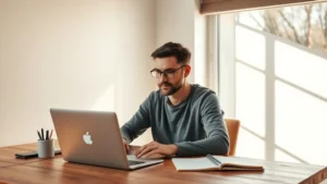 Founder working at a wooden desk with laptop and notebook, morning sunlight streaming through window, focused and determined expression, minimalist workspace