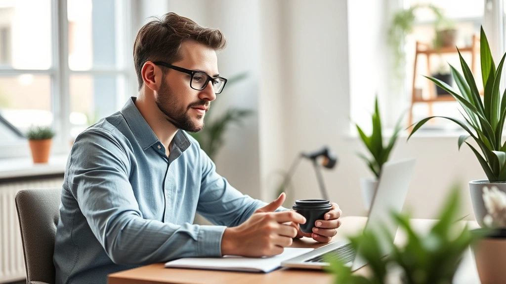 Entrepreneur reviewing metrics on laptop screen with coffee nearby, taking notes, thoughtful expression, cozy startup workspace with plants and natural light