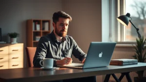 Founder sitting at desk with laptop and notebook, early morning light, coffee cup, focused expression, minimalist startup office space, entrepreneurial atmosphere