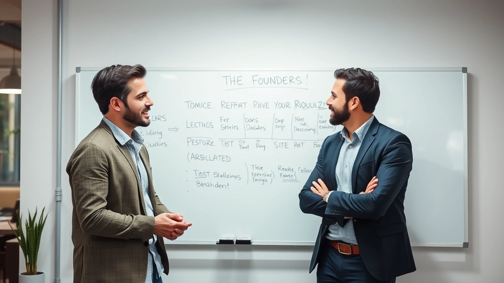 Two co-founders in conversation at whiteboard, collaborative energy, brainstorming session, casual business attire, genuine engagement, modern workspace