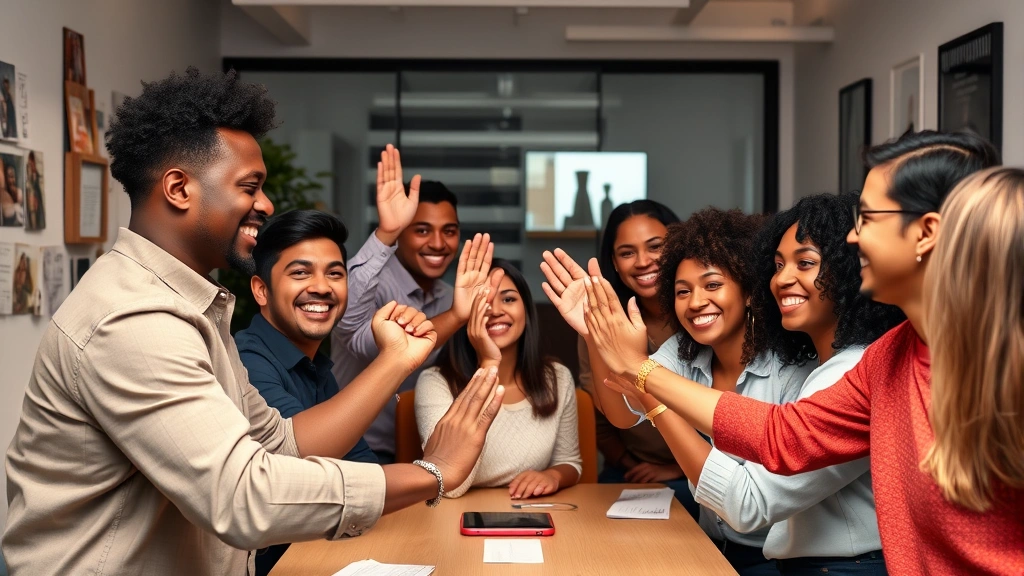 Diverse team in small office celebrating milestone, genuine smiles and high-fives, startup culture, authentic moment of achievement and camaraderie