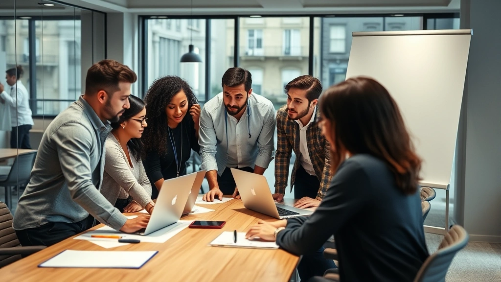 Team of diverse employees collaborating in a modern office space, having an intense discussion around a table with whiteboards and laptops visible