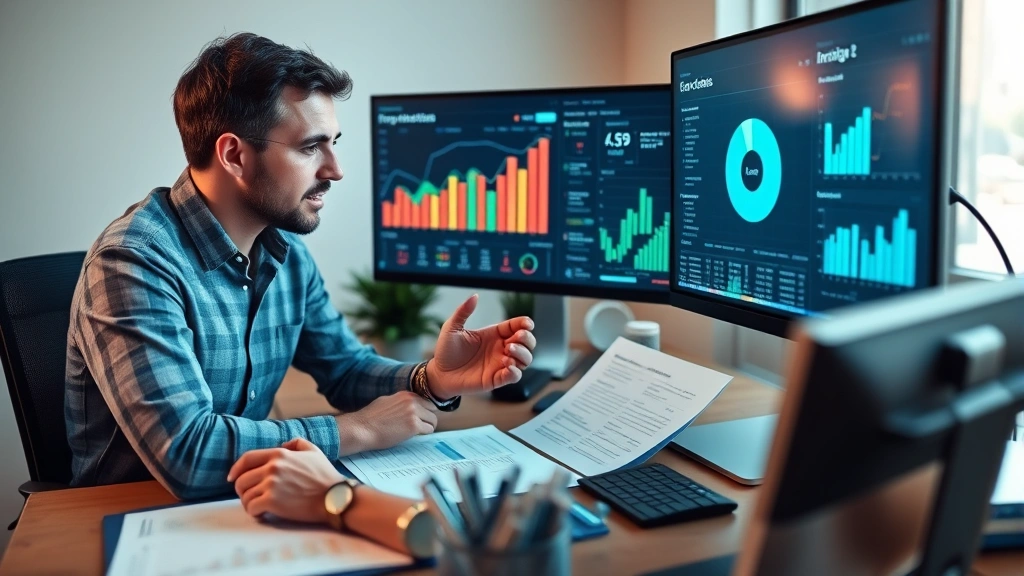 Founder reviewing financial dashboards on a monitor, with spreadsheets and data visible on desk, focused expression showing careful analysis of business metrics