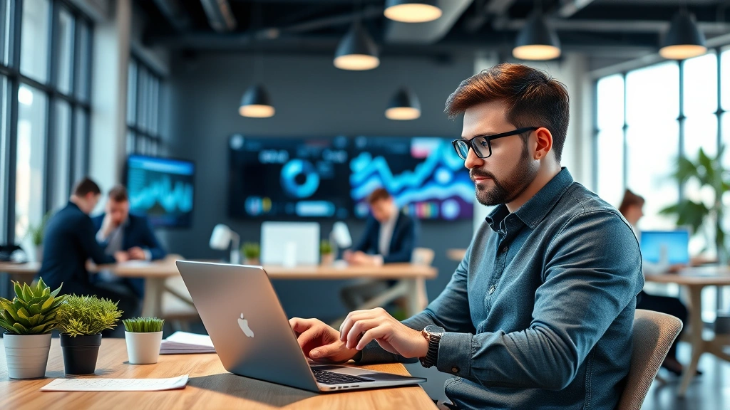 Founder analyzing competitive market data on laptop in modern startup office with team collaborating in background, professional and focused atmosphere