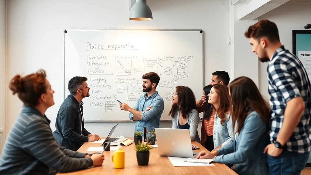 Diverse team in casual startup environment building product together, whiteboard with strategy sketches, energetic and collaborative entrepreneurial setting