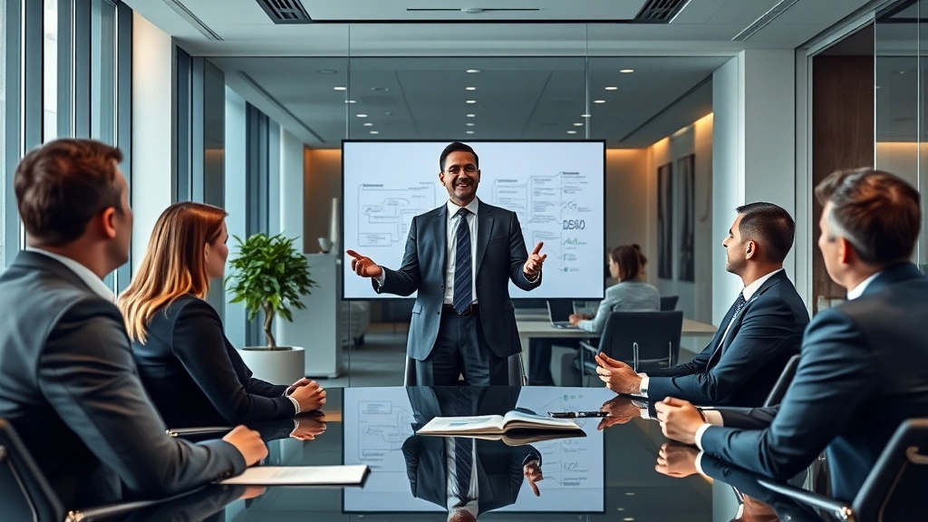 Successful entrepreneur presenting business strategy to investors in sleek conference room, confident body language, professional business attire, modern office