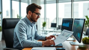 Founder in modern office reviewing financial dashboards and spreadsheets on desk, focused and thoughtful expression, natural daylight from windows