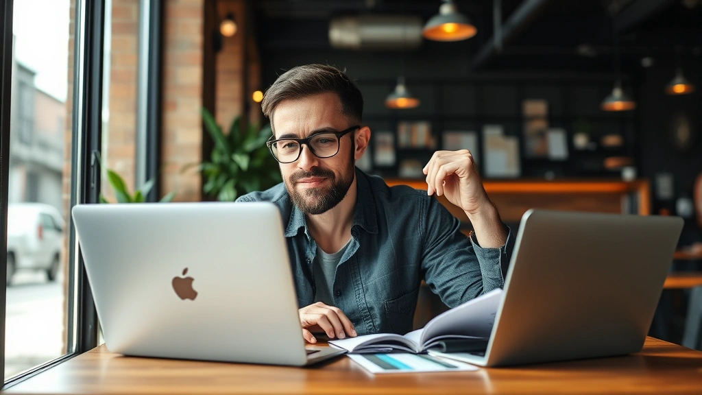 Founder sitting at a coffee shop with a laptop and notebook, reviewing business metrics and growth charts, natural lighting, focused and determined expression, modern casual workspace environment