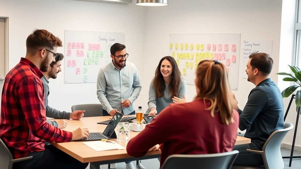 Diverse team of startup employees in a modern office having an animated discussion around a table, collaborative energy, whiteboards and sticky notes visible in background, genuine interaction and enthusiasm
