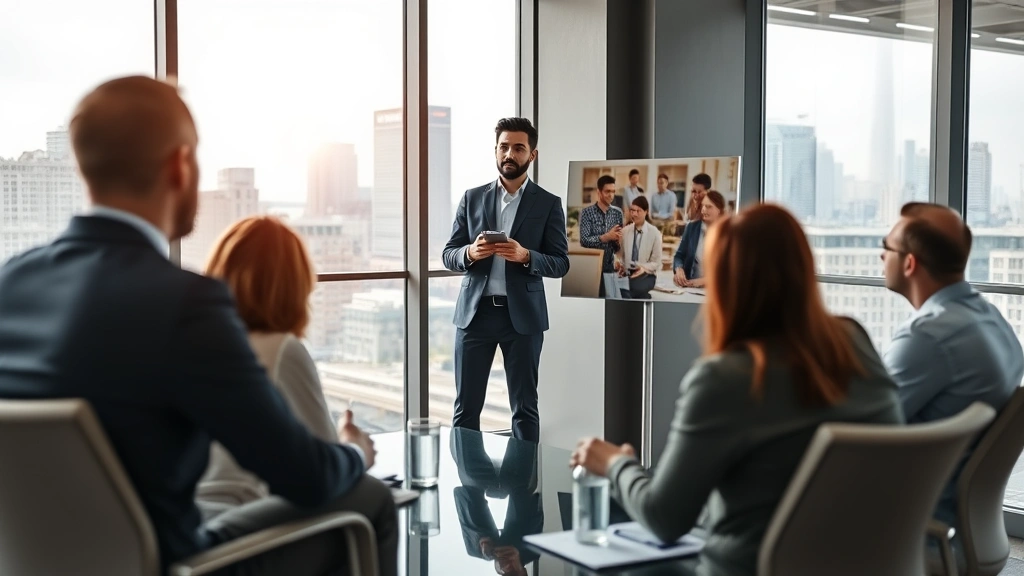 Young entrepreneur pitching to investors in a professional meeting room, standing confidently with a presentation, investors leaning forward with interest, modern conference setting with windows showing city skyline